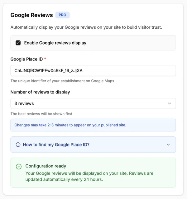 Google Reviews section in the Resto1.Click dashboard