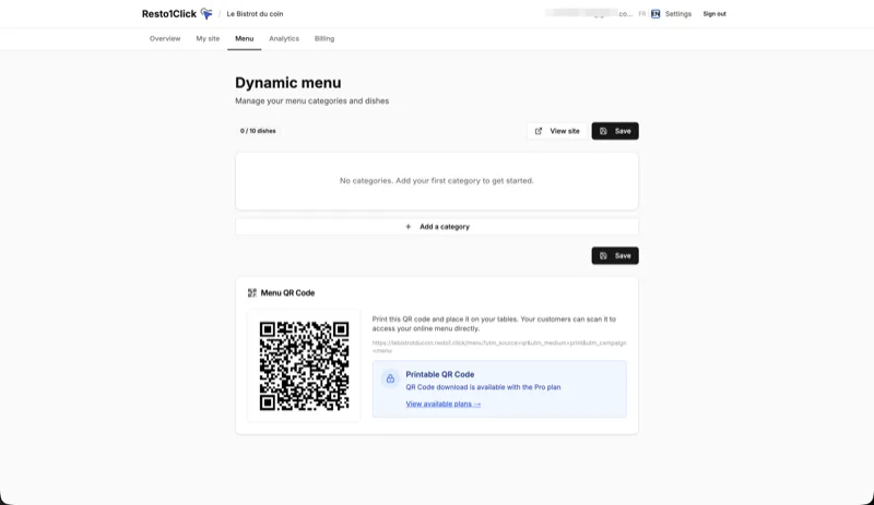 Resto1.Click menu editor — real-time categories and dishes