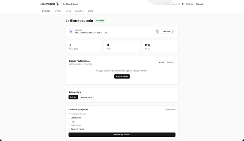 Resto1.Click dashboard — customize your restaurant site